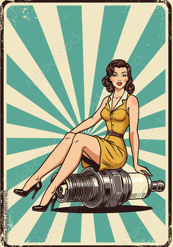 Retro aesthetic poster illustration of a vintage pin-up style woman in a red dress sitting on a car piston or spark plug. Classic glamour and automotive theme design with a radial background