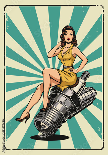 Retro aesthetic poster illustration of a vintage pin-up style woman in a red dress sitting on a car piston or spark plug. Classic glamour and automotive theme design with a radial background