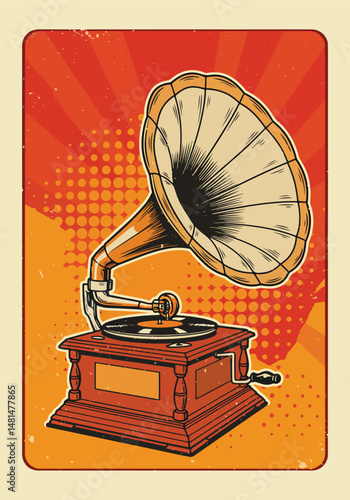 Adobe Illustrator Artwork Retro aesthetic poster illustration of a vintage gramophone with a record playing. Classic music and old-fashioned technology design with a textured background