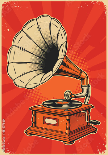 Adobe Illustrator Artwork Retro aesthetic poster illustration of a vintage gramophone with a record playing. Classic music and old-fashioned technology design with a textured background