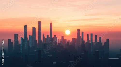 Futuristic city skyline at sunset urban landscape digital art dynamic environment aerial view conceptual vision