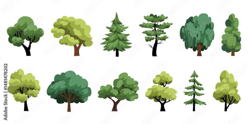 Fototapeta premium Collection of flat trees Icon. Can be used to illustrate any nature or healthy lifestyle topic.