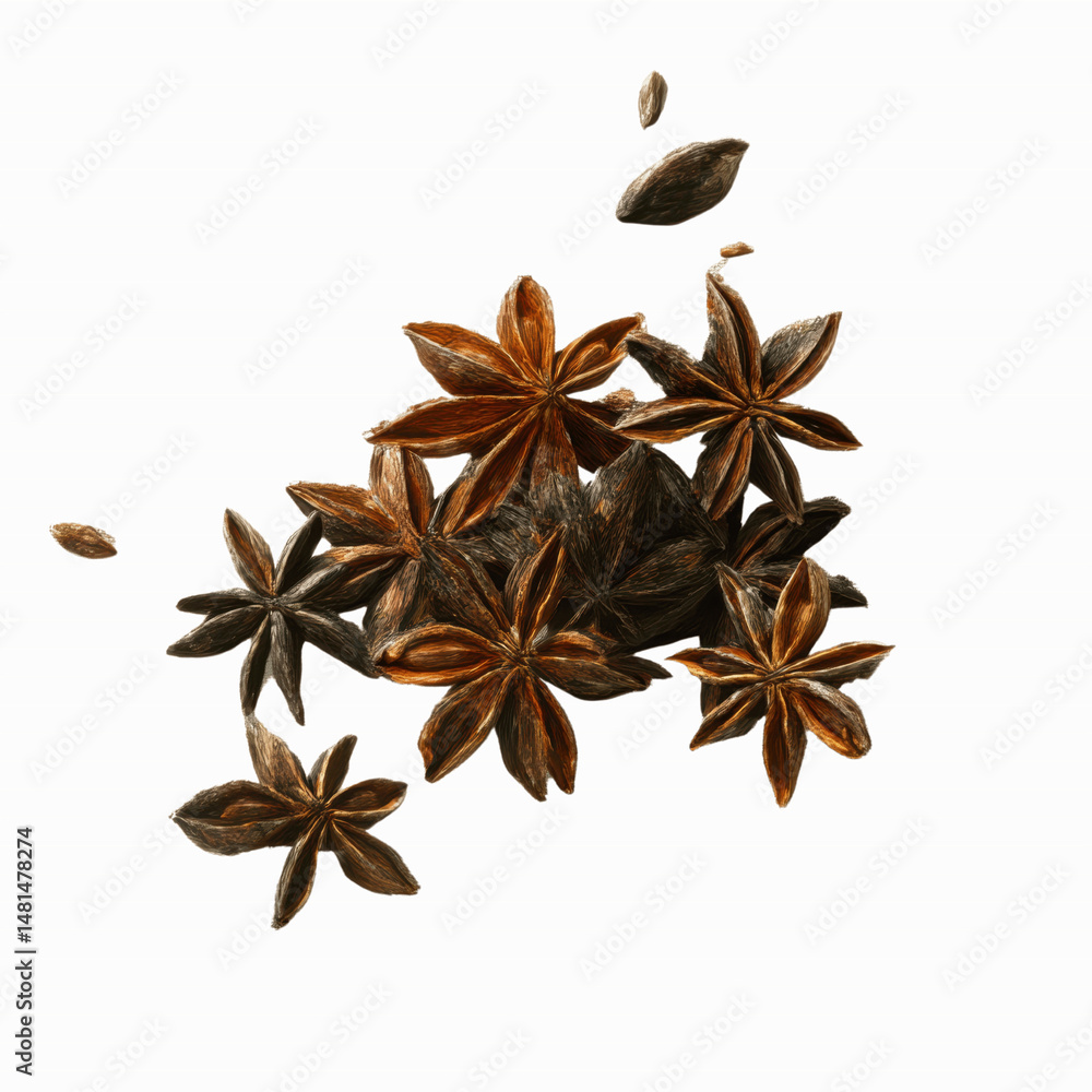 Aromatic Star Anise Spice Falling on Grey Transparent background Aromatic Star Anise Spice Falling on Grey Transparent background