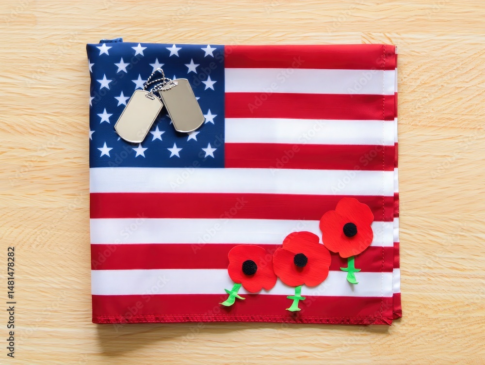 Obraz premium American flag with dog tags and remembrance poppies on wooden background displaying memorial day