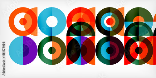 Colorful overlapping circles create vibrant geometric pattern. Bright hues blend, forming interesting visual texture.