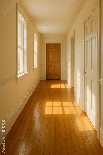 Sunlit Hallway Interior with Wooden Floor and White Walls
