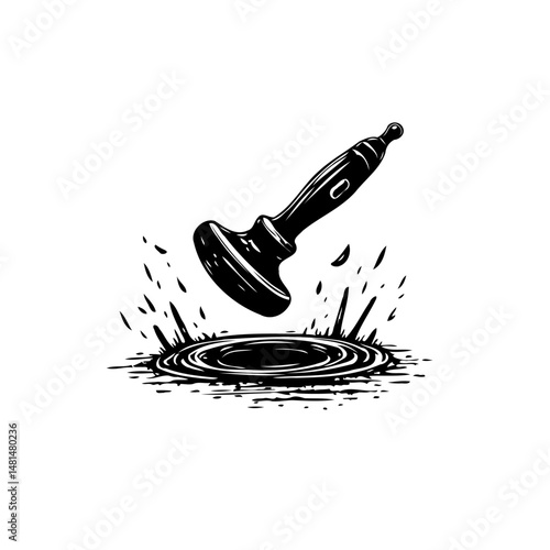 Monochrome impact illustration: a mallet striking water creating concentric ripples