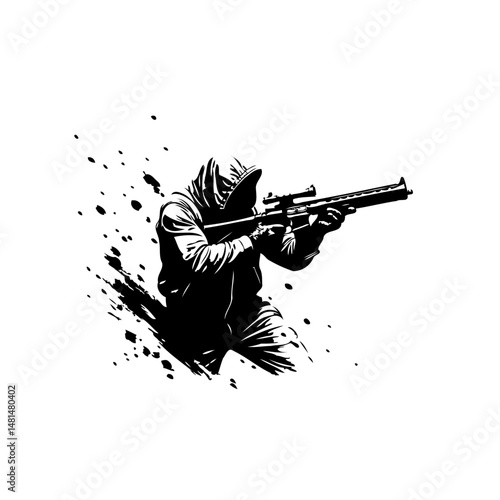 Silhouette illustration of armed figure aiming with rifle, enveloped by dispersed blots