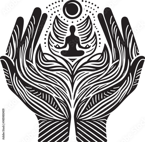 Hand with lotus position and yoga. Black and white vector illustration..eps
