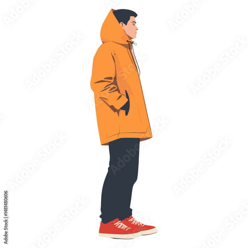A young man in a burnt orange hooded parka illustration sneakers profile vector