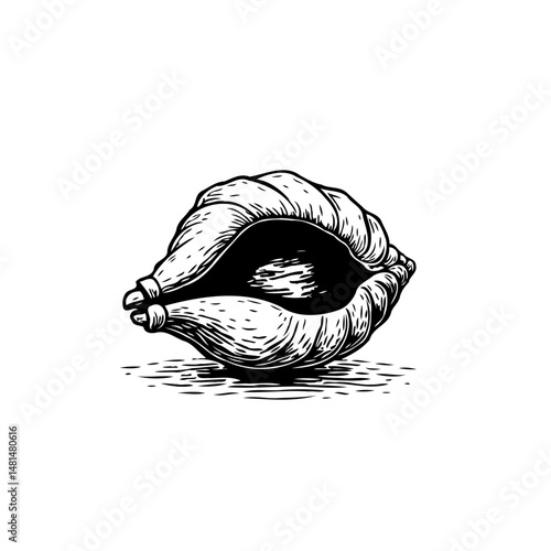 Monochrome sketch of a conch shell with artistic shading and intricate detailing
