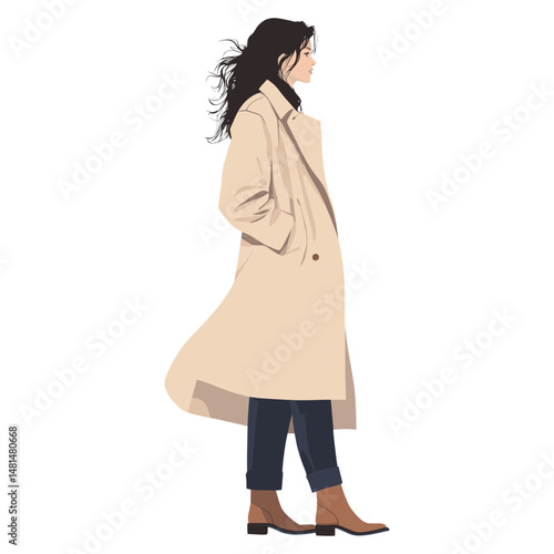 A woman wearing a long beige trench coat illustration profile boots vector