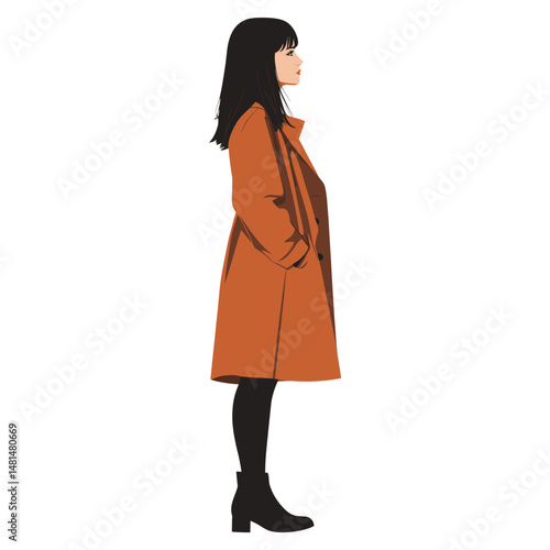 A woman with straight dark hair in a rust-orange trench coat illustration minimalist profile vector
