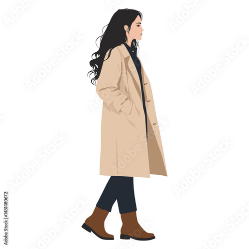 A woman wearing a long beige trench coat style confidence clothing vector