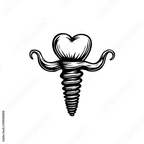 Stylized tooth implant illustration with heart shaped crown, artistic medical depiction
