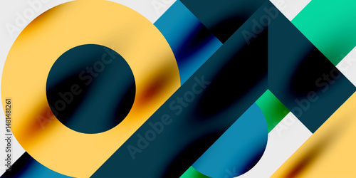Abstract composition featuring overlapping geometric shapes. Yellow circle contrasts with blue, teal gradients. Modern design, dynamic visual elements.