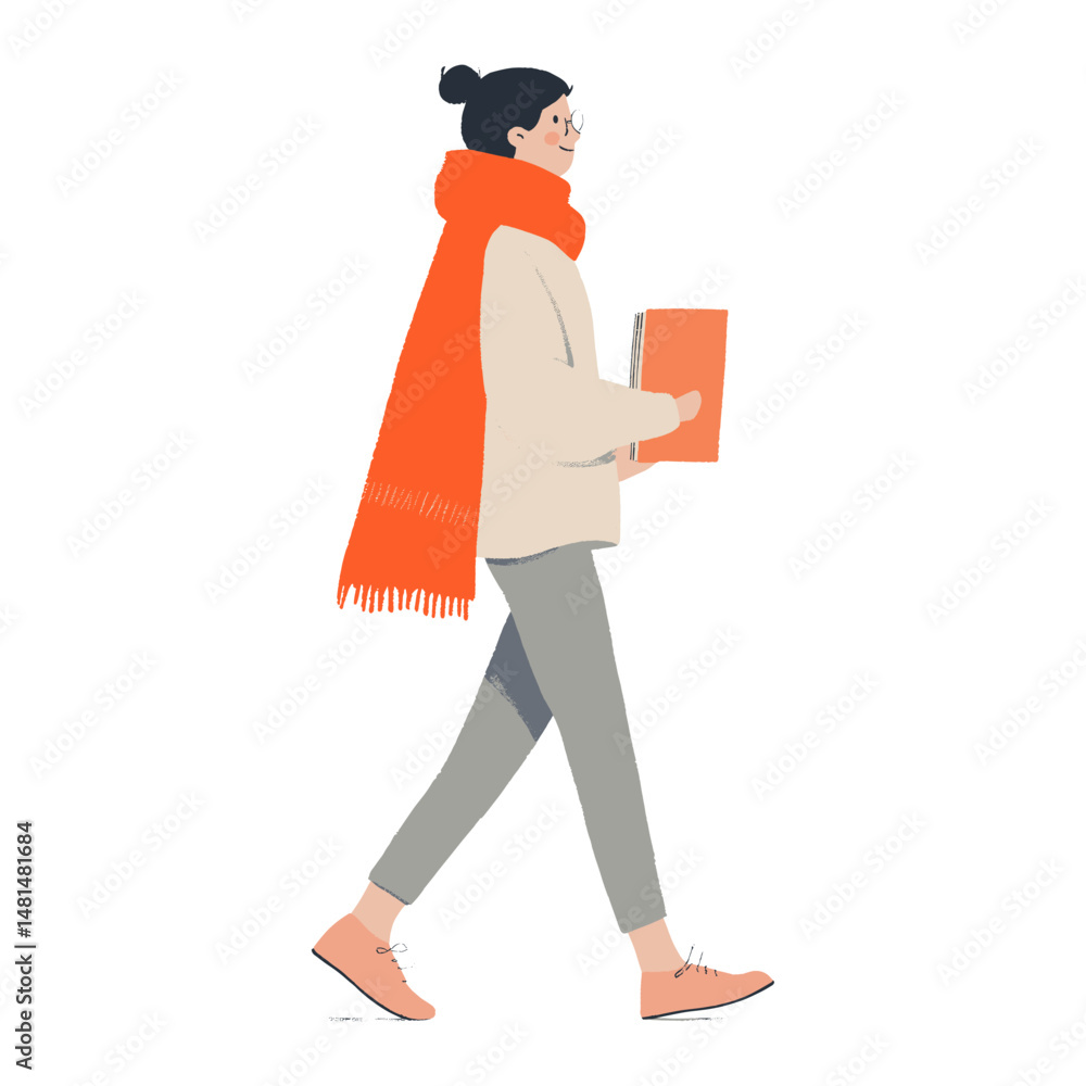 Person holding a book is walking illustration design scarf vector Person holding a book is walking illustration design scarf vector