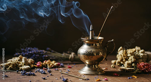 A beat-up, silver incense burner with a burning stick gives off a wispy blue smoke. Surrounding it are dried herbs and flowers, including lavender, all chillin' on a wooden surface