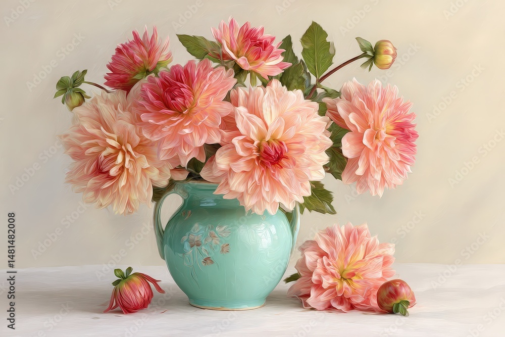 Obraz premium Delicate bouquet of peach dahlias in a teal vase.