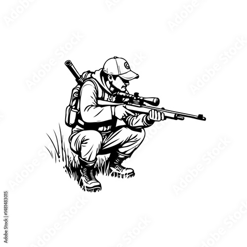Silhouette of a hunter aiming with precision rifle in minimalist monochromatic style