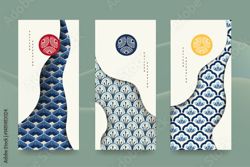 Packaging templates japanese style background of fabric luxury or premium products. Asian pattern art design.