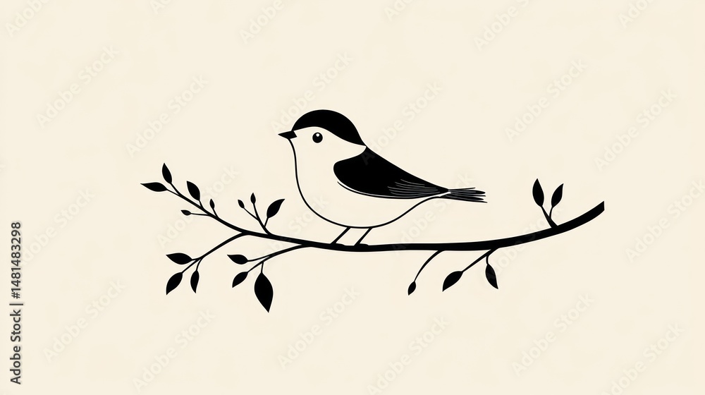 Fototapeta premium Cute bird on branch, simple line art, neutral background, decorative, for greeting cards or prints