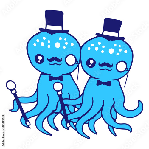 2 octopus sir hat monocle glasses two rich friends Isolated Vector Graphic Design Illustration
