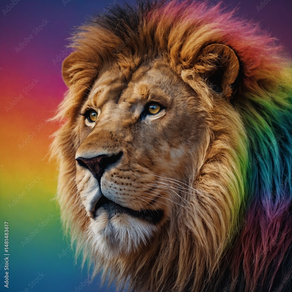Obraz premium Whimsical Lion in Detailed Gradient Rainbow Lines