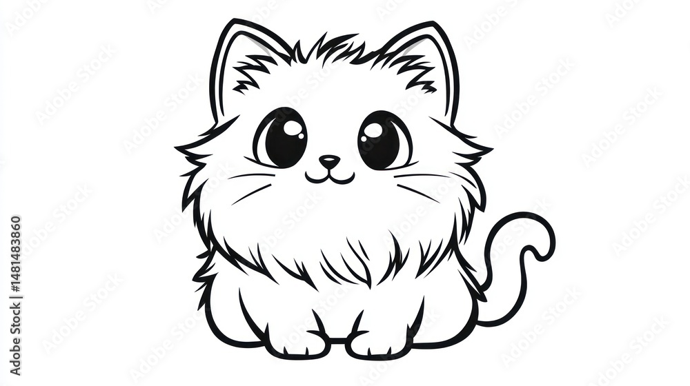 Fototapeta Cute cartoon cat coloring page, happy expression, simple line art