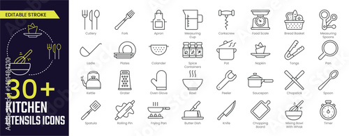 Kitchen Stroke icon collections. Containing Cutlery, Fork, Apron, Measuring Cup, Pot, Plates, Bowl, Knife, Timer, and Kettle icons. Editable Stroke icon collection Outline icon