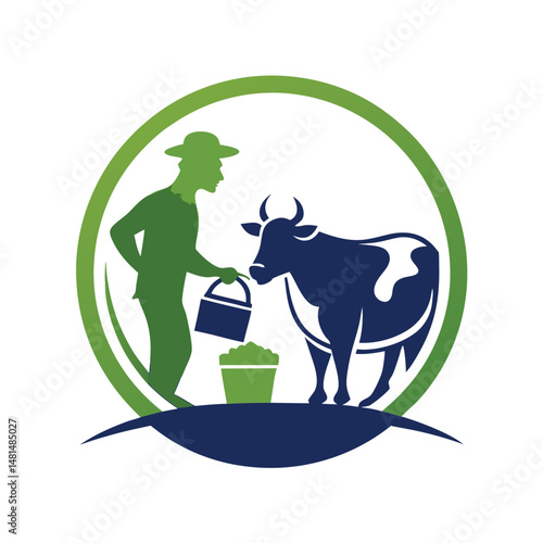 Illustration of a farmer feeding a cow in a green circle for dairy agriculture concepts