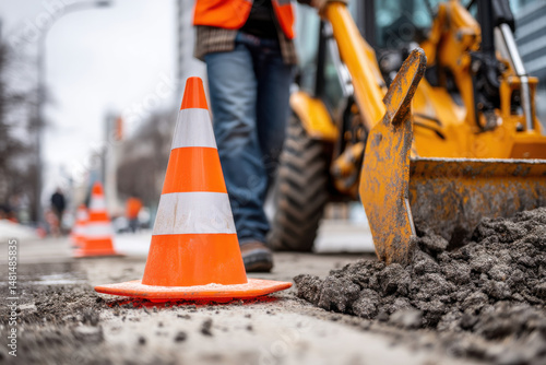 Man removing traffic cones with bulldozer symbolizing lifting bans, removing sanctions, and restoring access
