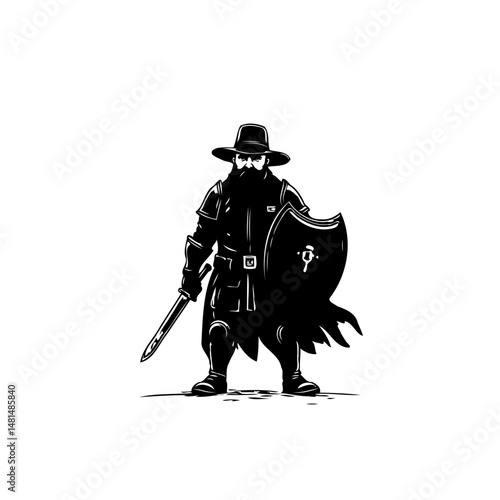 Monochrome depiction of a fully armored warrior bearing a shield and sword