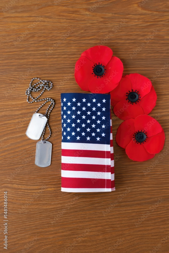 Obraz premium Remembrance day composition with american flag poppies and military dog tags on wood