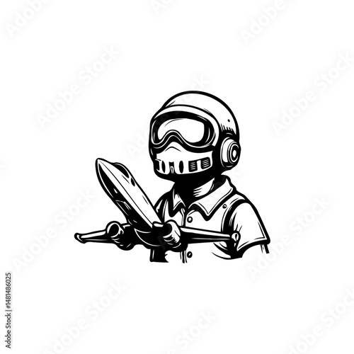 Monochrome illustration of a vintage pilot with plane conveying a playful adventurous spirit