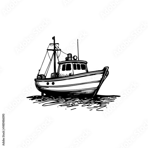 Monochrome sketch of a weathered fishing trawler sailing on rippling waters