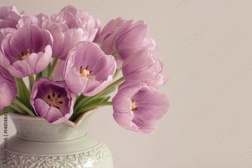 Obraz premium A delicate arrangement of lavender tulips in a light vase.