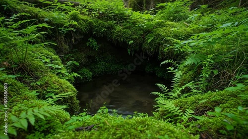 Lush forest scene featuring a small pond surrounded by vibrant green foliage.