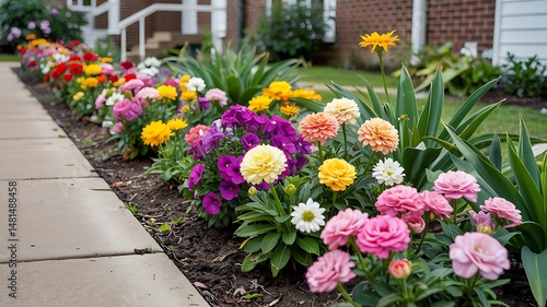Wallpaper Mural A vibrant flowerbed showcasing a diverse range of colorful blooms alongside a walkway Torontodigital.ca