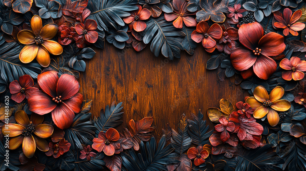 Fototapeta premium A meticulously detailed mahogany surface, exhibiting a rich, warm hue with a subtle wood grain pattern, stands against a backdrop of lush foliage and vibrant textures 