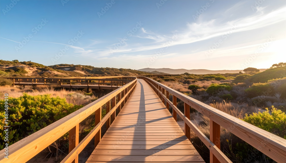 Wooden Boardwalk Through Nature Trail at Sunset with Blue Sky and Lush Vegetation Under Golden Sunlight Wooden Boardwalk Through Nature Trail at Sunset with Blue Sky and Lush Vegetation Under Golden Sunlight