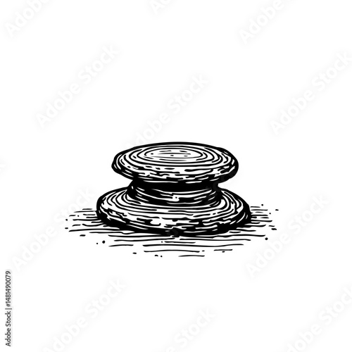 Monochrome woodcut illustration of a crafted pottery disc on white background