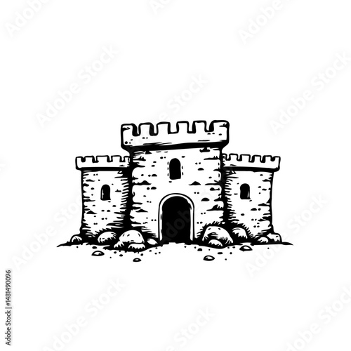 Whimsical monochrome illustration of a fortress evoking fairytale realms