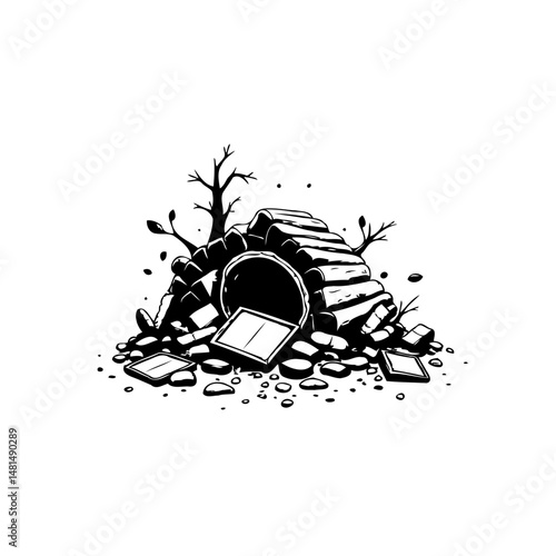 Illustrative monochrome depiction of a damaged tunnel surrounded by debris