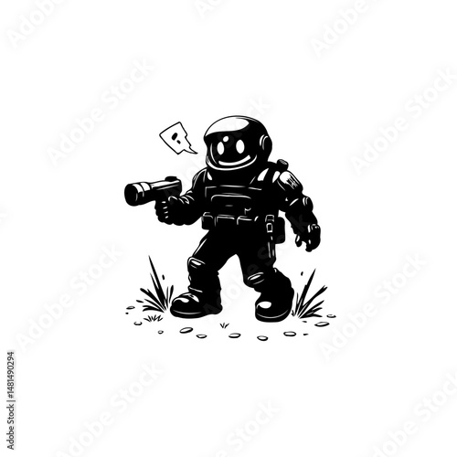 Stylized spaceman character holding futuristic blaster on grassy surface