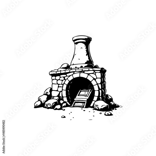 Monochromatic stone structure with archway and chimney illustration on white