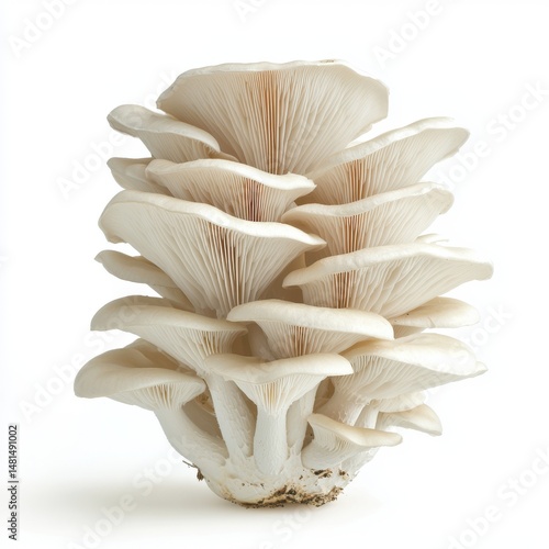Close up of a Cluster of White Oyster Mushrooms on White Background