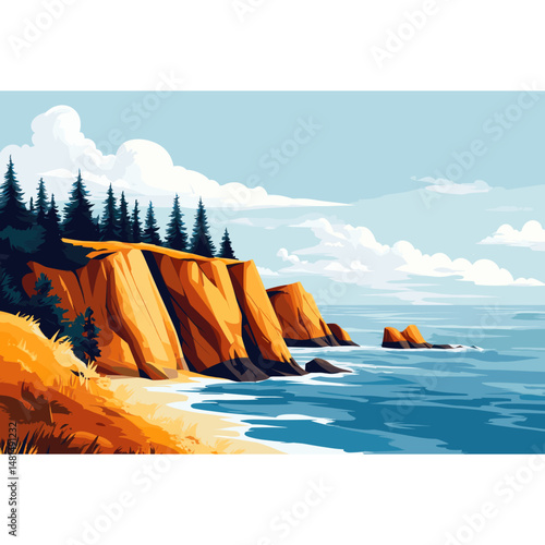 Pine trees cliffs coast illustration vector