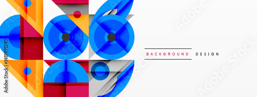 Abstract geometric shapes overlap, creating dynamic colorful composition. Bright blues, oranges, reds dominate white space. Modern design element.