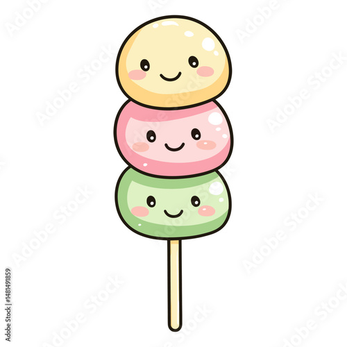 Three stacked dango in one stick japanese dessert cartoon vector